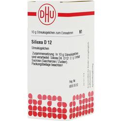 Weiße Schachtel mit rotem Logo, enthält homöopathische Silicea D12 Streukügelchen.